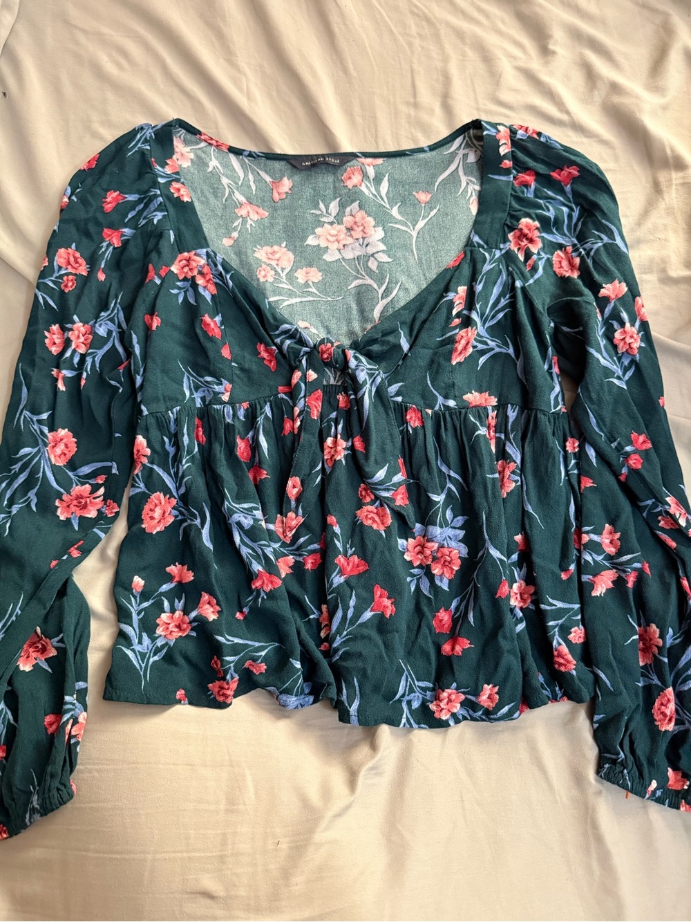 American Eagle Outfitters Dark Green Floral Tie-Front Long Sleeve Top